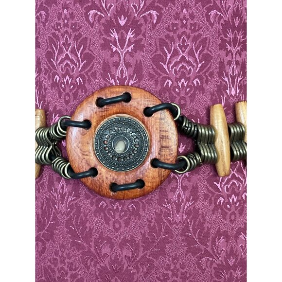 Vintage Wood Brass Concho Large Medallion Belt One Size Adjustable - Picture 3 of 7